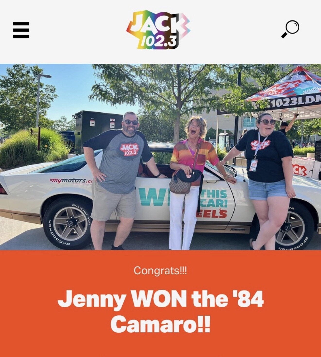 Jenny winning the '84 Camaro — tap to enlarge