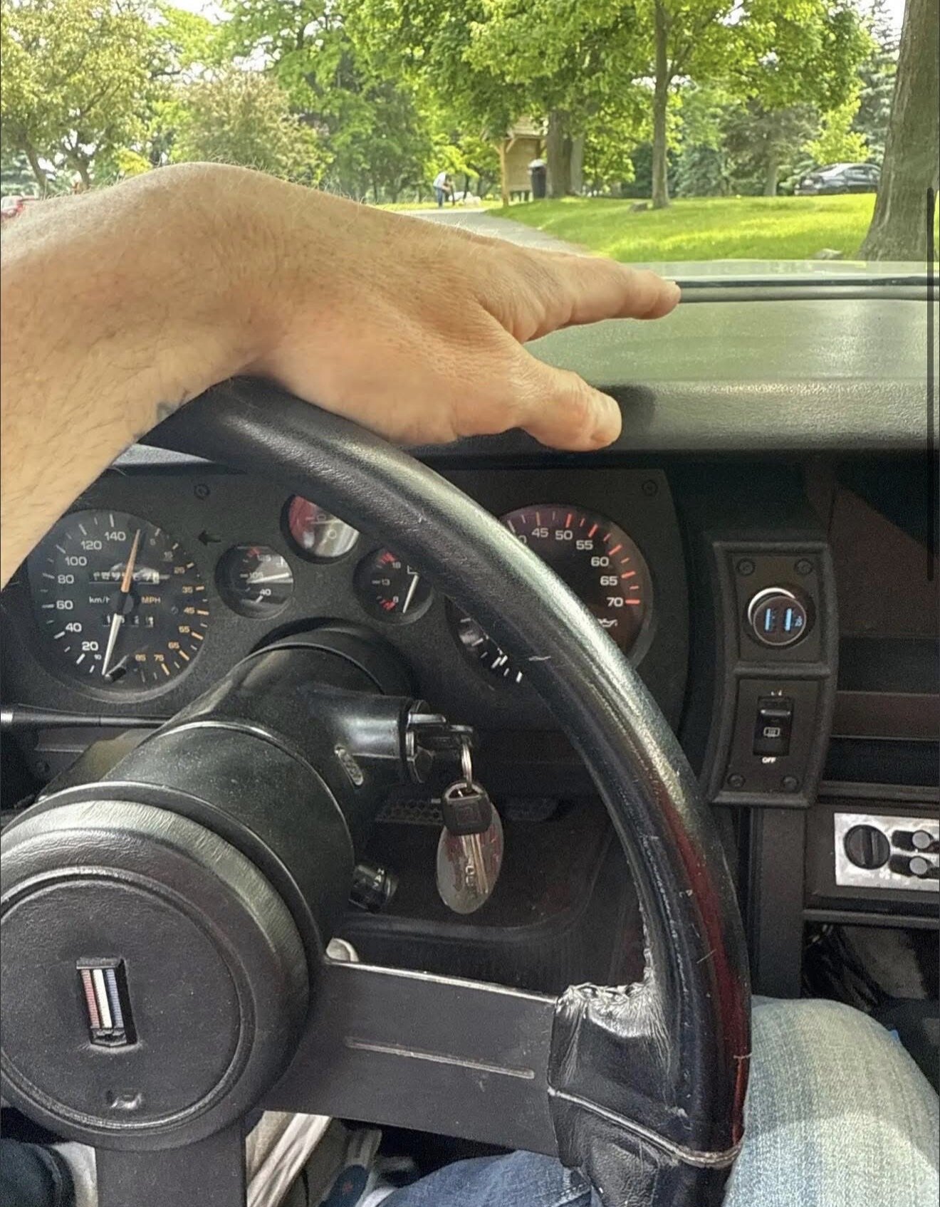 Dumbass petting Jenny from the driver's seat — tap to enlarge