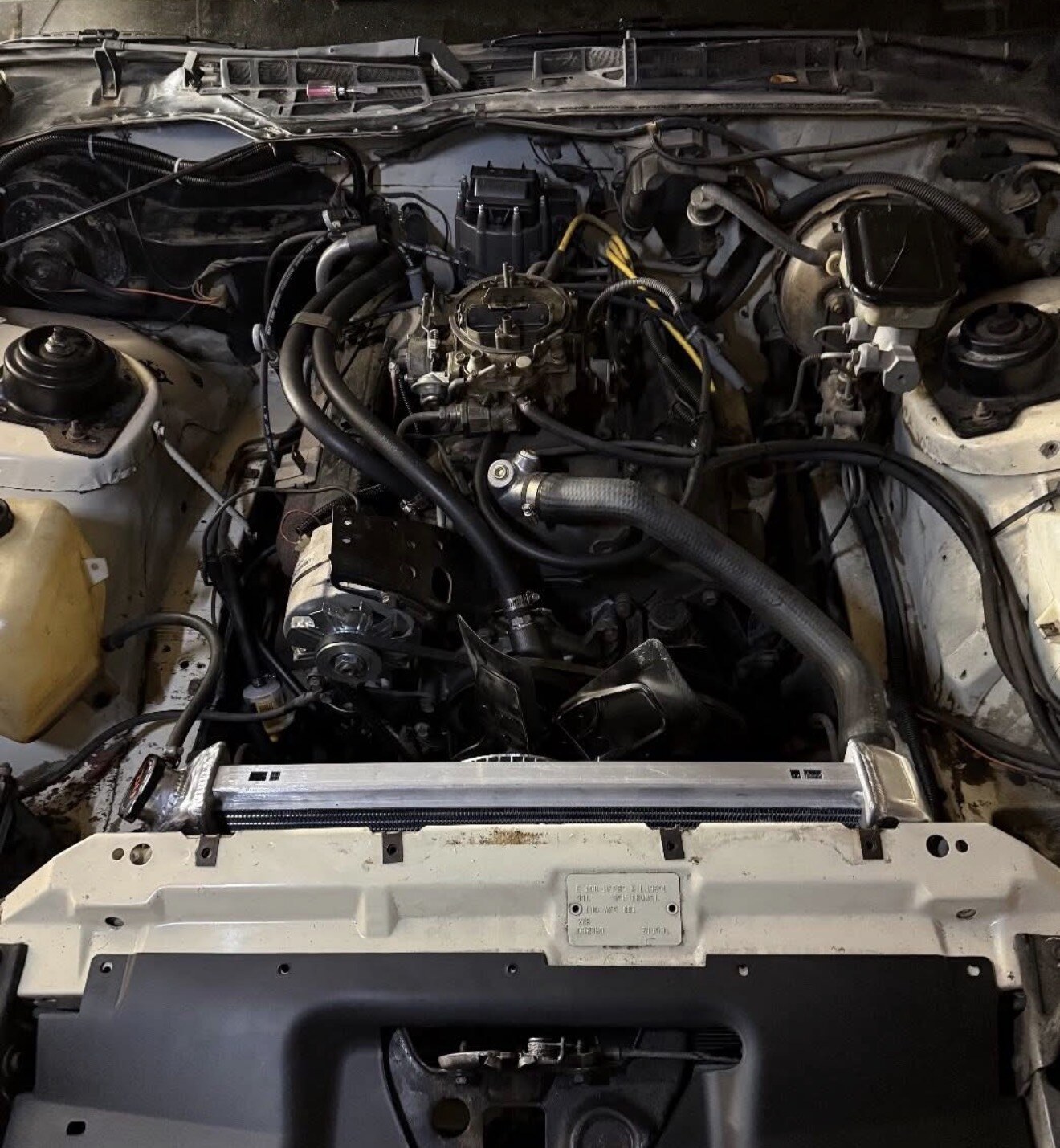 Radiator and shroud test-fit in Jenny's engine bay — tap to enlarge