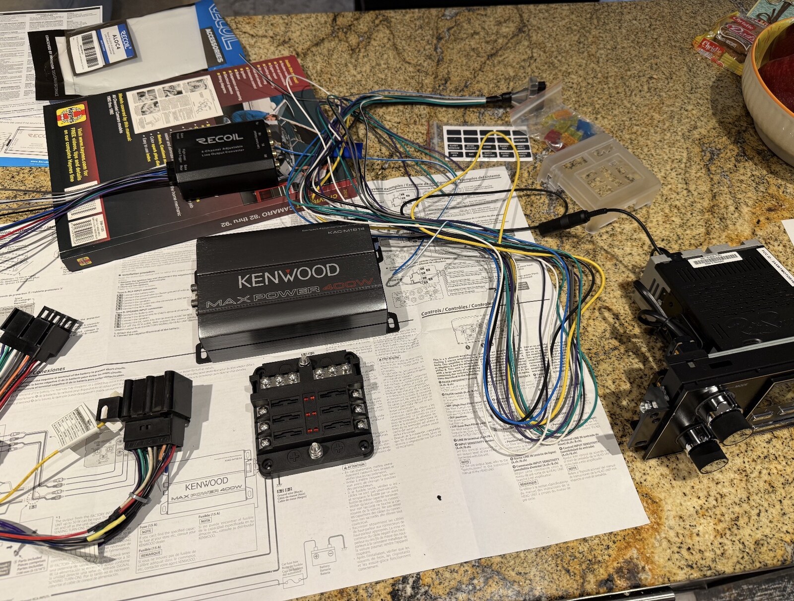 Kenwood amp, RetroSound deck, Recoil LOC, and harnesses laid out